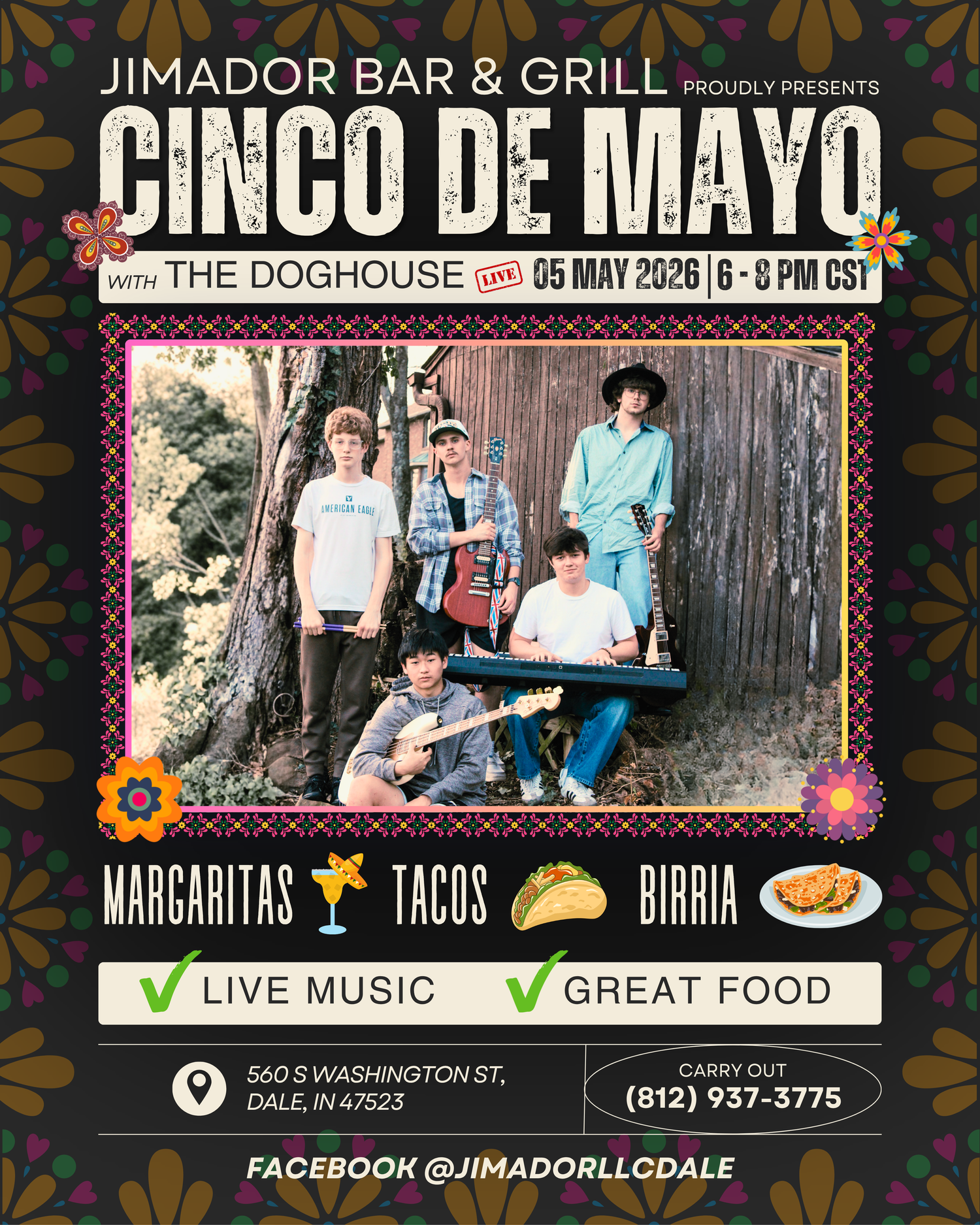 Jimador Bar & Grill Cinco de Mayo event flyer featuring live band The Doghouse, May 5 2026, 6-8PM, Dale IN.