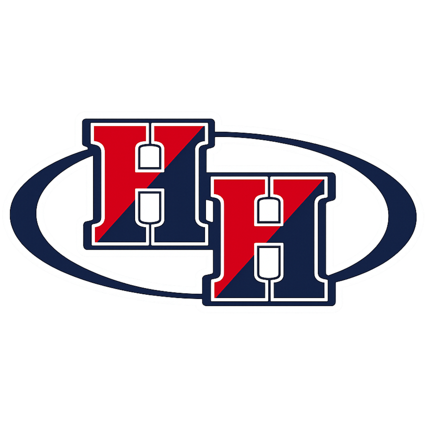 Double H school logo with bold red and navy blue HH letters inside a navy oval on white background.