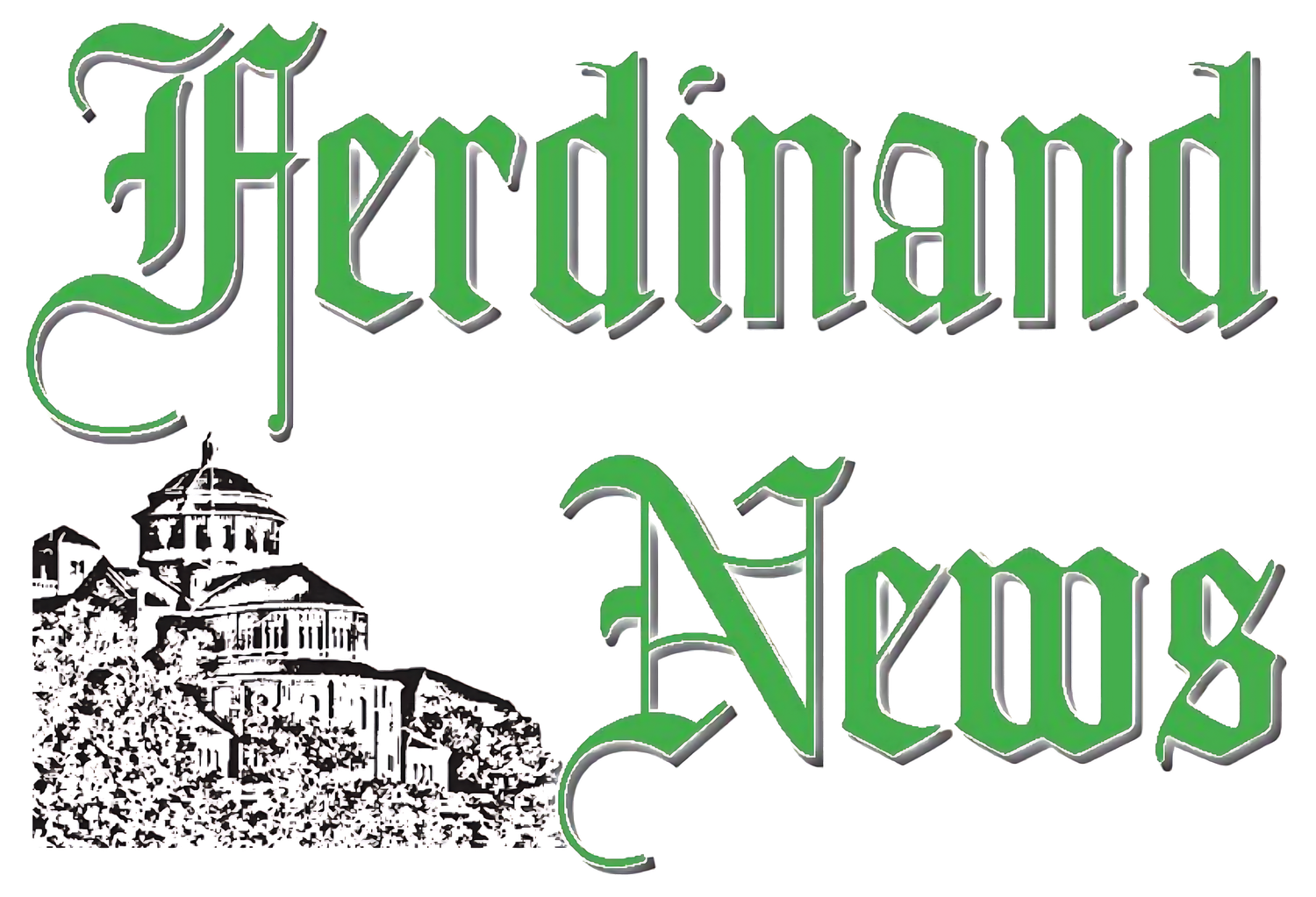 Ferdinand News publication logo in green Gothic lettering with a black ink sketch of a historic building.