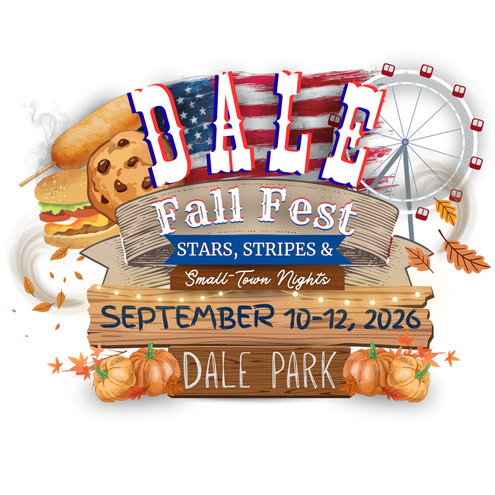 Dale Fall Fest Stars Stripes and Small Town Nights logo for September 10-12 2026 at Dale Park with festive autumn decor.
