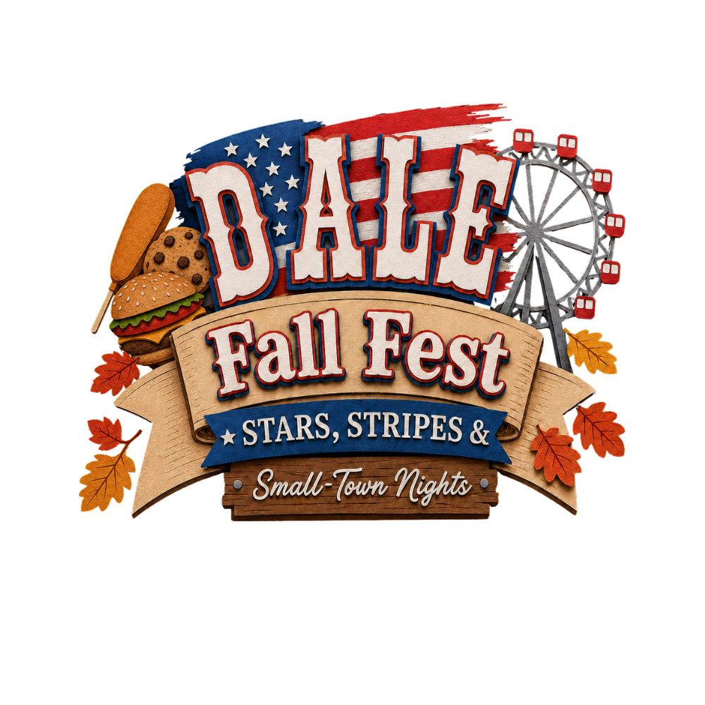Dale Fall Fest Stars, Stripes & Small-Town Nights logo with ferris wheel, fall leaves, and patriotic design.