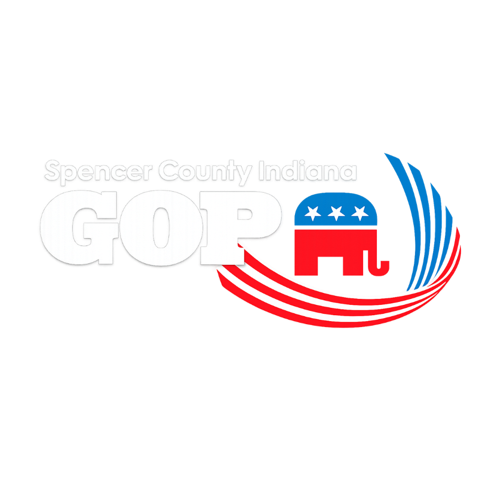 Spencer County Indiana GOP logo featuring Republican elephant symbol with red and blue swoosh design.