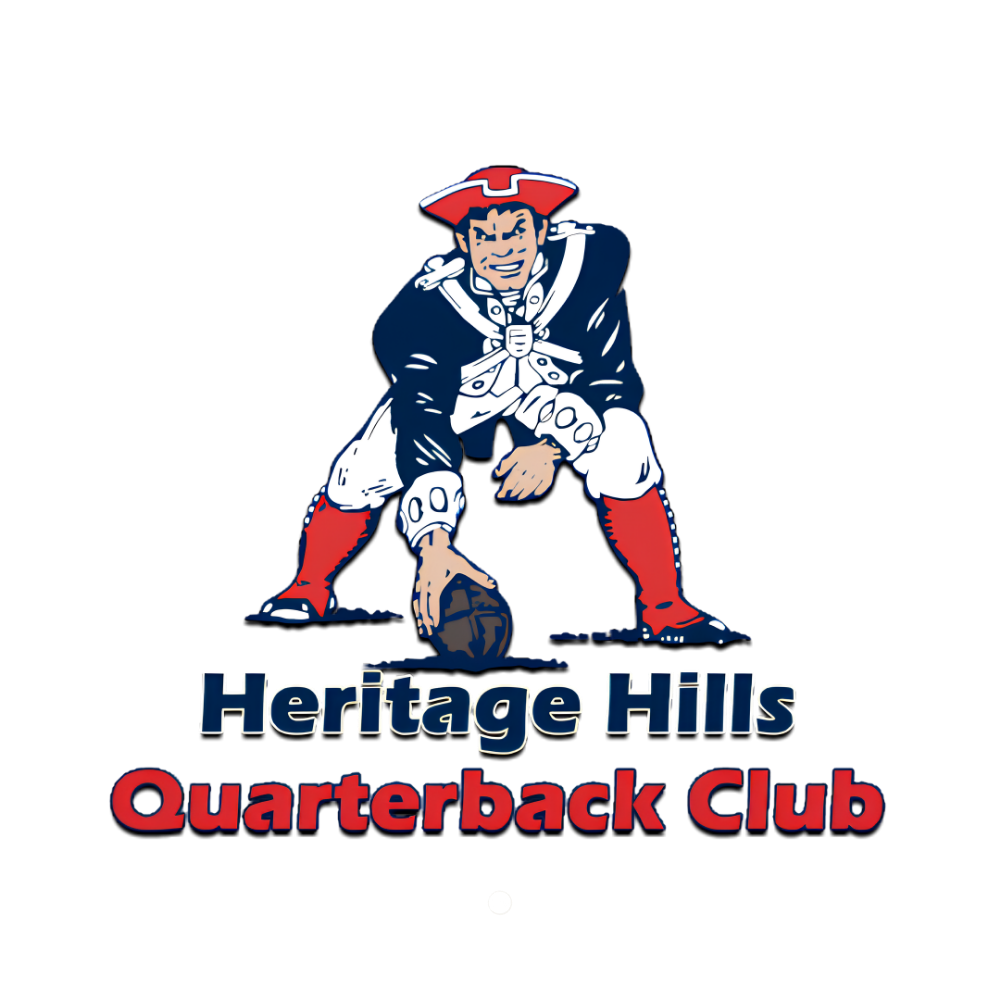 Heritage Hills Quarterback Club logo featuring the classic New England Patriots Pat Patriot mascot in red, white, and blue.