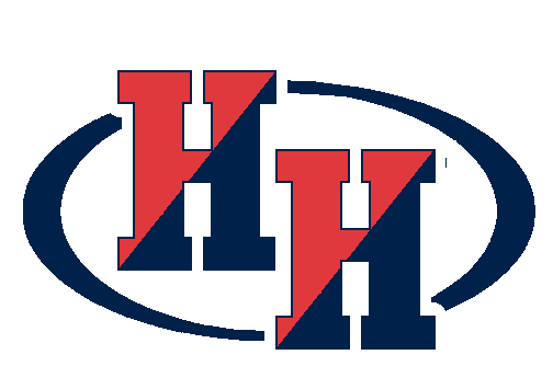 Bold HH interlocking letters logo in red and navy blue with an oval swoosh design for a sports team.