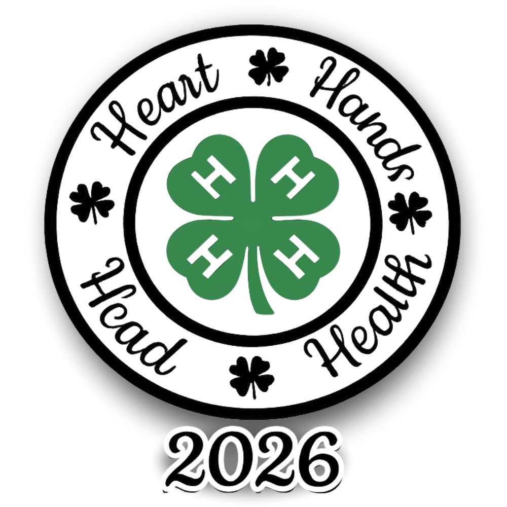 4-H emblem with Heart, Hands, Head, Health motto on circular badge with green four-leaf clover, year 2026.