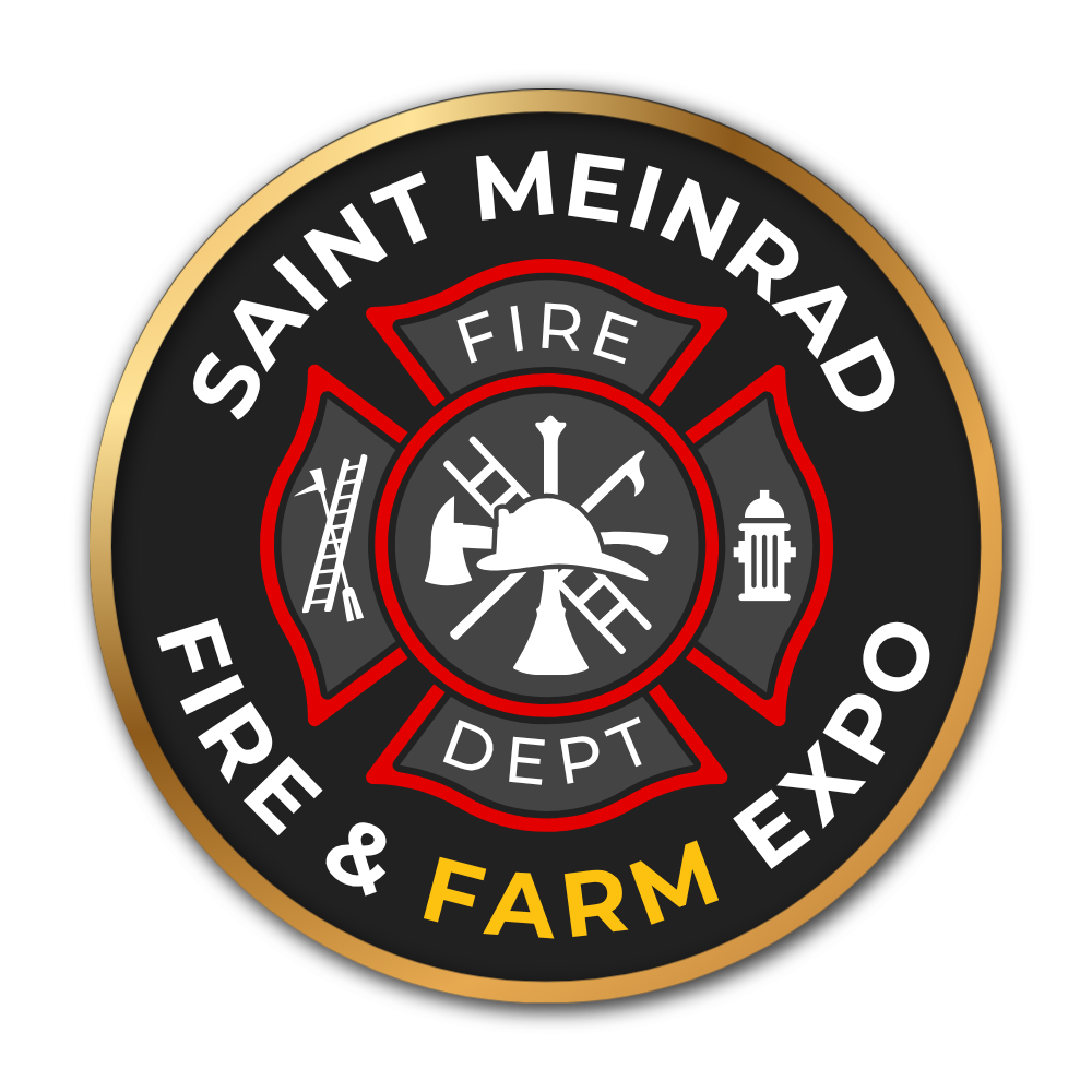 Saint Meinrad Fire & Farm Expo circular logo with firefighter emblem, ladder, hydrant, and axe on black and gold background.
