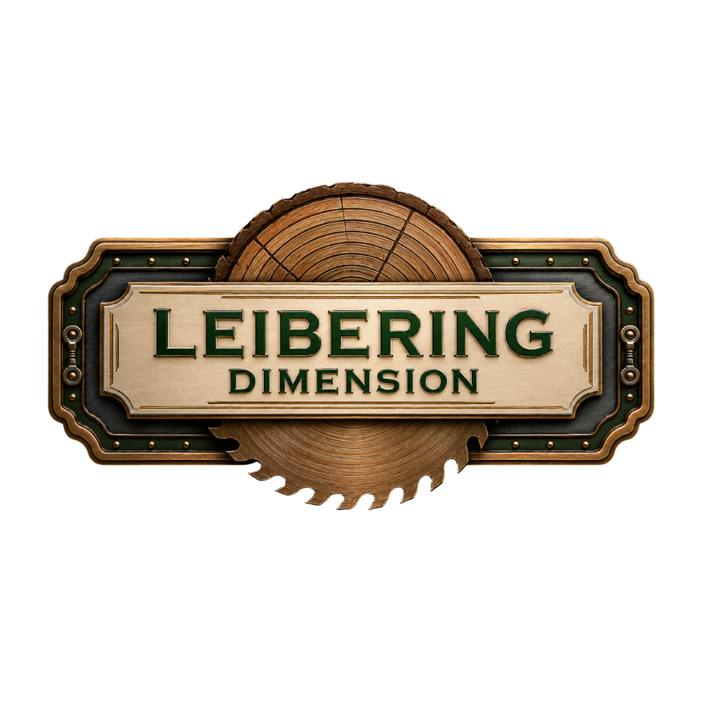 Leibering Dimension logo featuring bold green text on a wooden sign with a circular saw blade and metal accents.