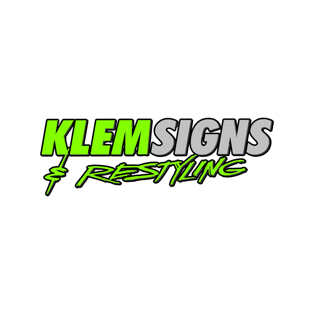 Klem Signs and Restyling logo featuring bold green and gray lettering with a dynamic italic font on a white background.