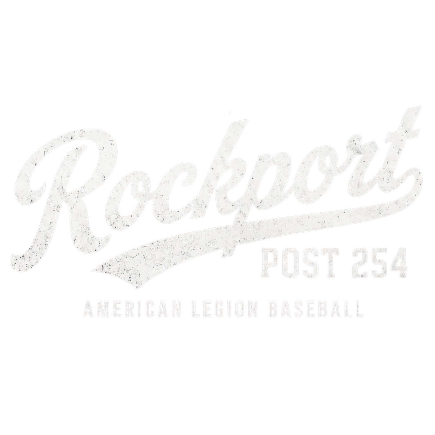 Rockport Post 254 American Legion Baseball vintage distressed script logo in white.
