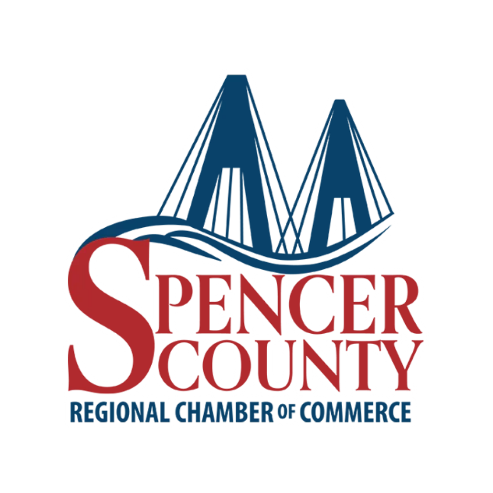 Spencer County Regional Chamber of Commerce logo featuring a cable-stayed bridge graphic in blue and red.