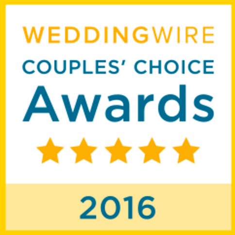 WeddingWire wedding industry award badge from 2016 with five-star rating in gold and blue design.