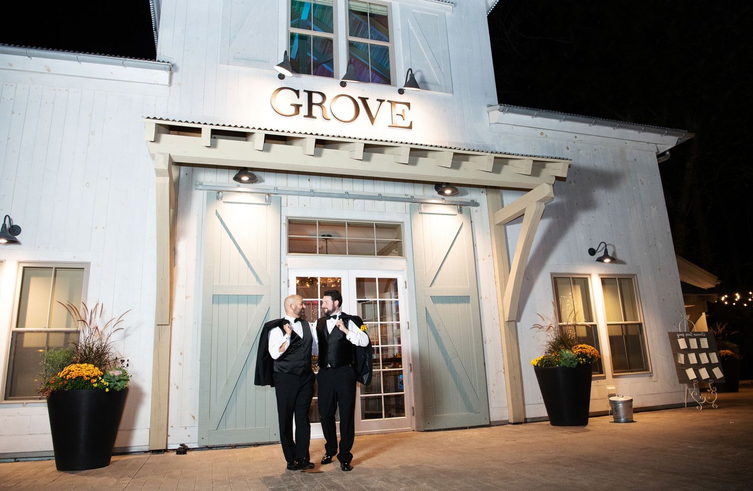 A collage of exterior shots showing a modern white building facade with 'Grove' signage and entrance details.