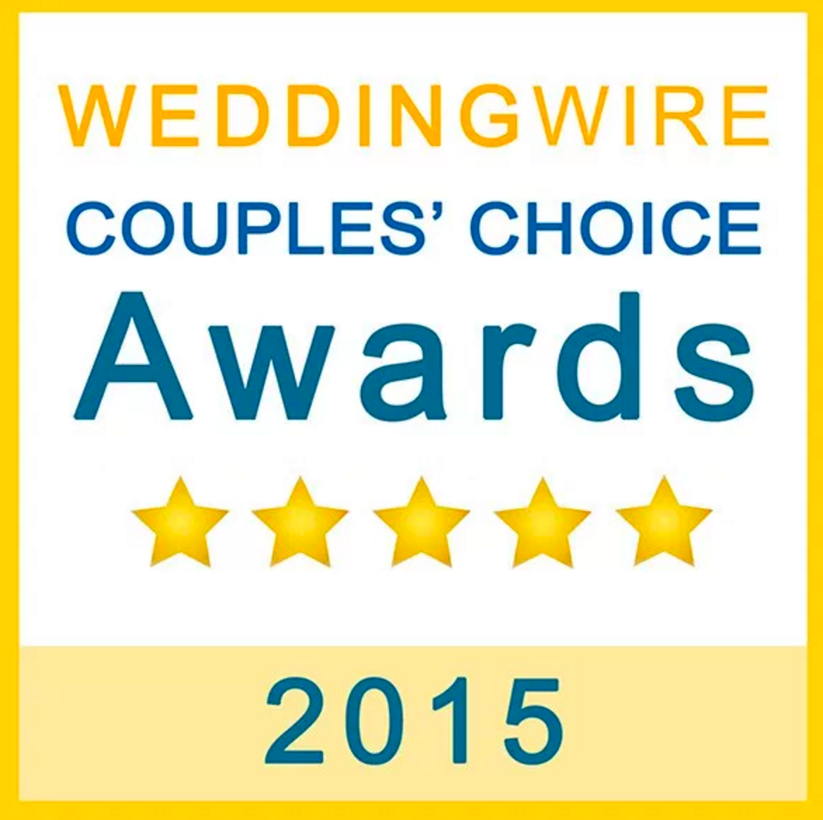 2015 WeddingWire Couples' Choice Awards emblem with five gold stars and blue text.