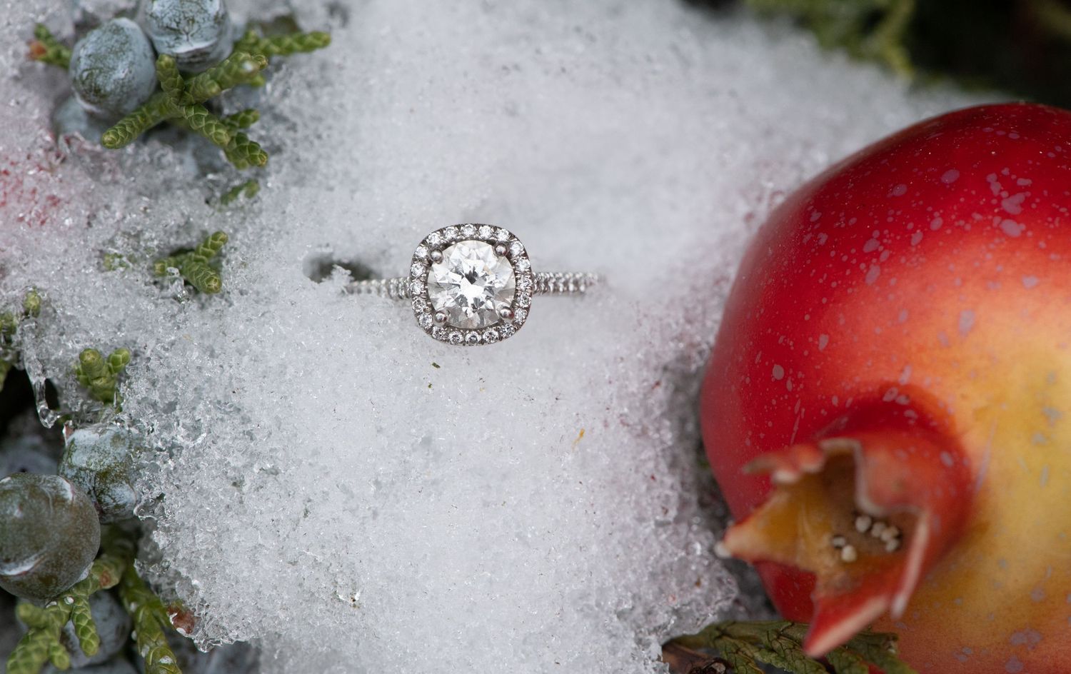 Red apples covered in frost and snow sit on a cold winter surface.