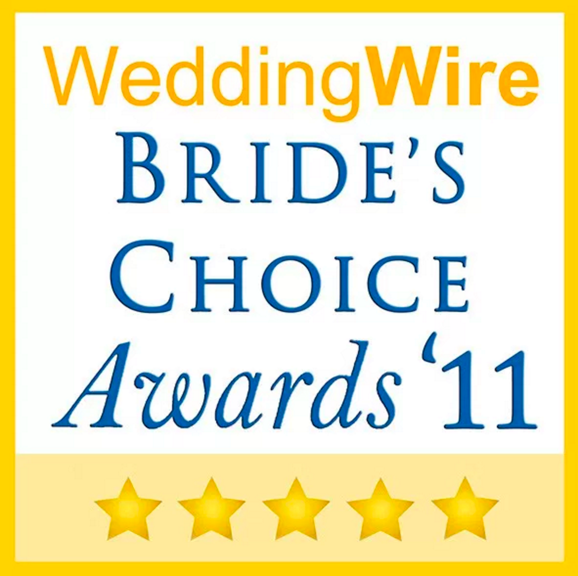Professional wedding vendor award badge from WeddingWire with five-star rating.