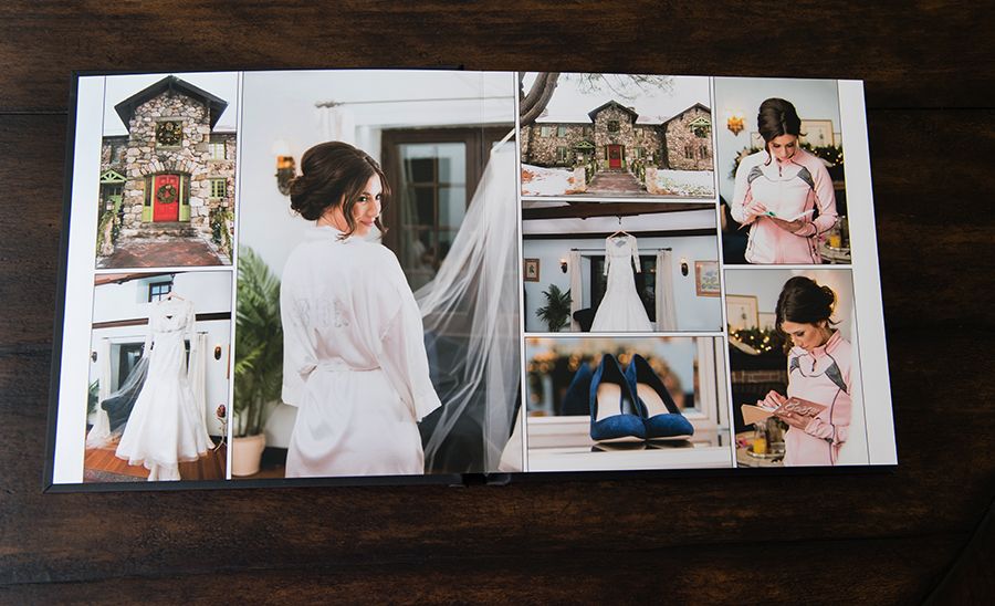 A series of wedding photos displayed in a horizontal row on a dark wooden surface.