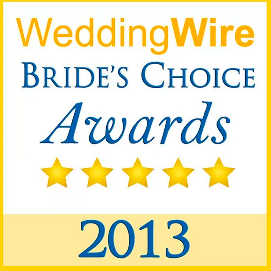 2013 WeddingWire Bride's Choice Awards logo with five-star rating in blue and gold.