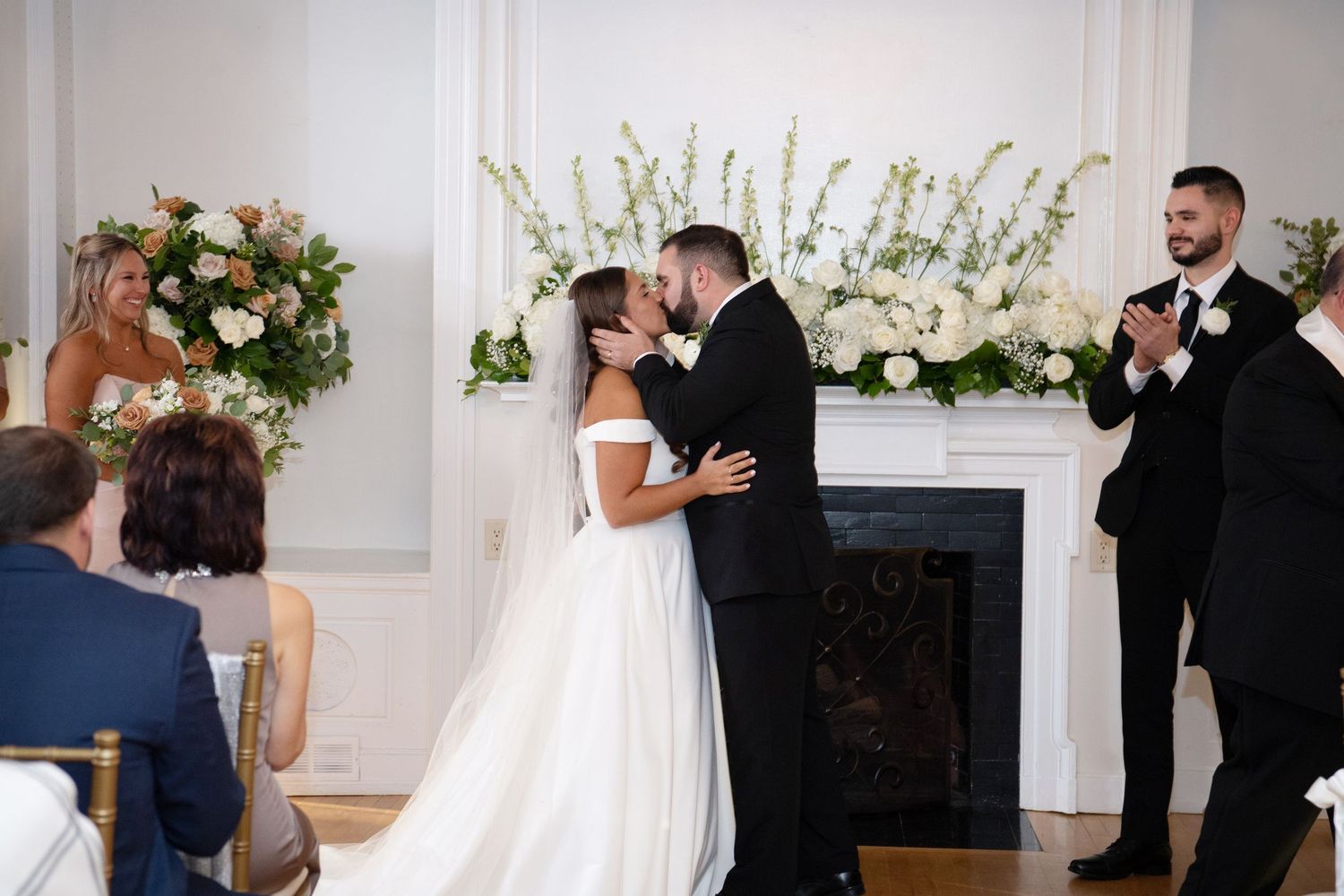 A series of wedding ceremony moments showing couples at the altar with white floral arrangements and elegant decor.