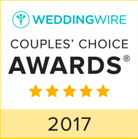 WeddingWire Couples' Choice Award logo from 2017 featuring five gold stars on white and blue background.
