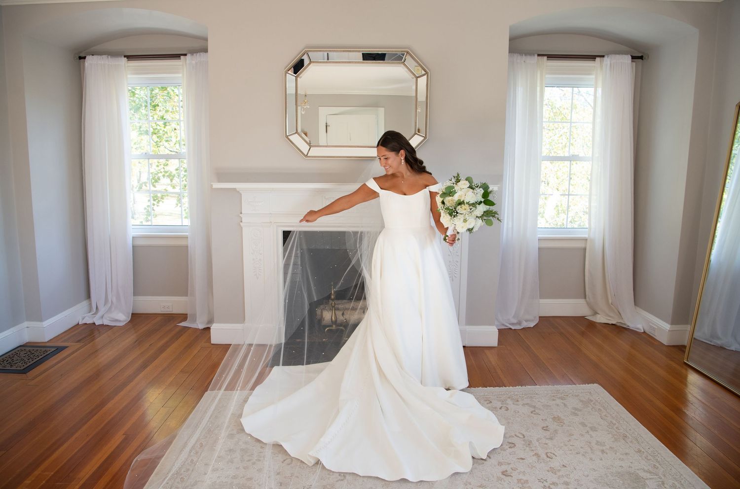 A sequence of bridal preparation photos showing a white wedding dress in an elegant room with natural lighting.