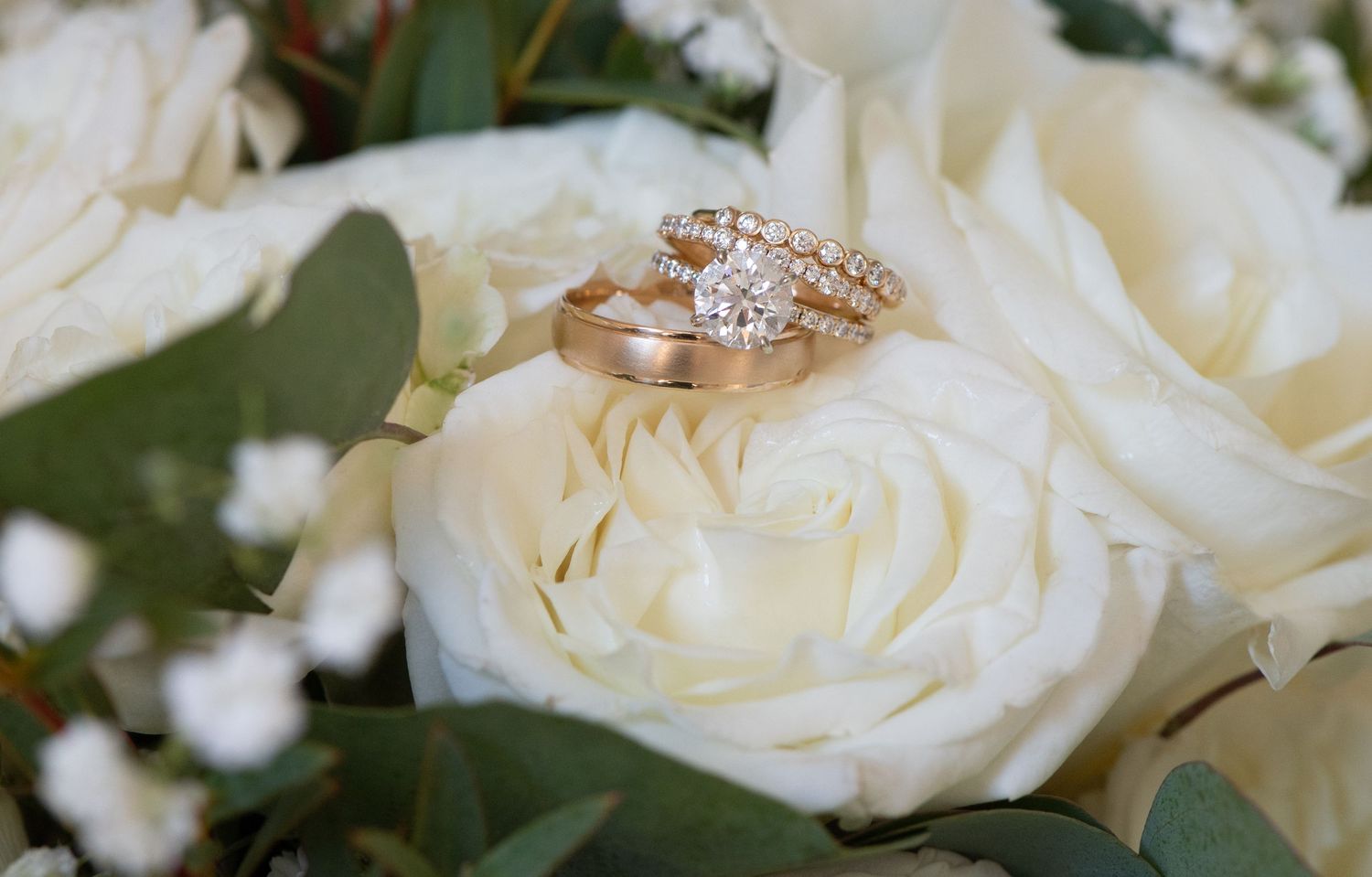 Close up of white roses and baby's breath flowers in an elegant wedding bouquet arrangement.