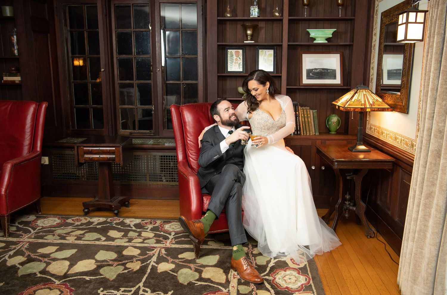 A sequence of intimate wedding moments captured in a warmly lit indoor setting with wooden decor.
