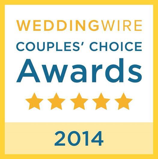 WeddingWire Couples' Choice Awards 2014 badge featuring five gold stars and blue accents.