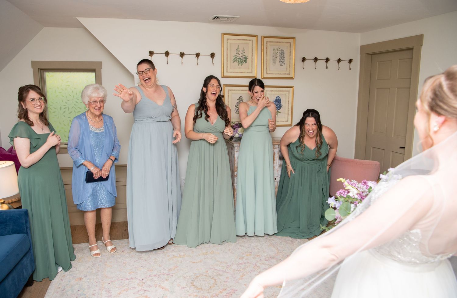 A sequence of photos showing people in sage green and light blue dresses preparing for a wedding celebration.