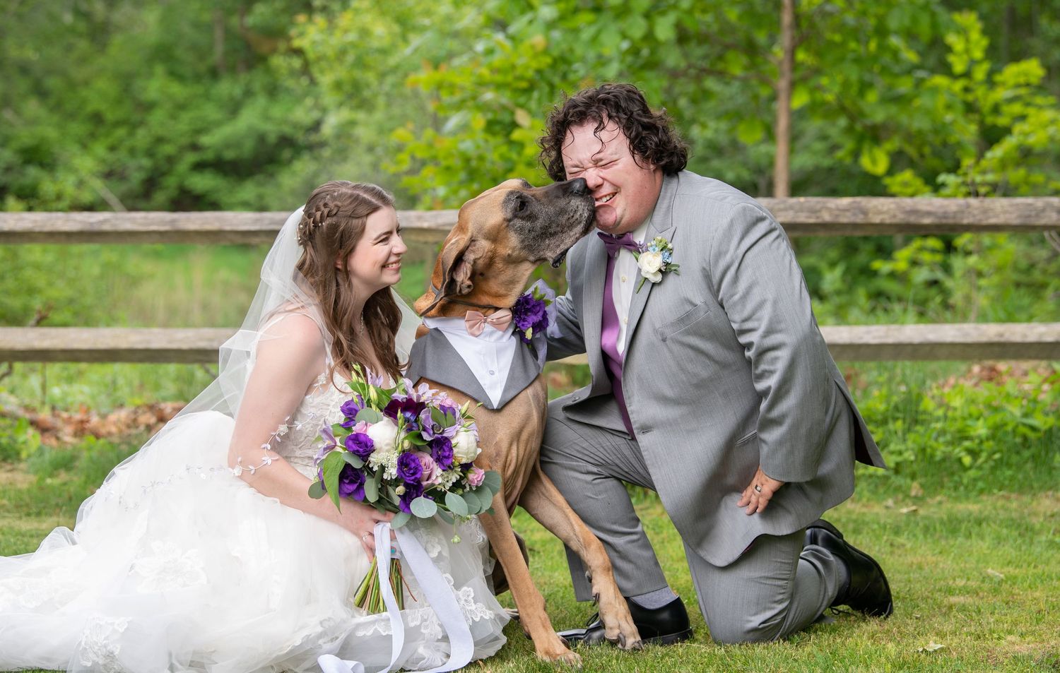 Series of romantic wedding party photos of couples sharing joyful moments outdoors in a garden setting.