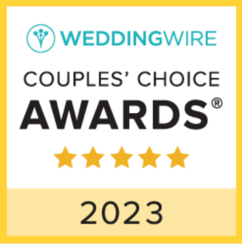 WeddingWire Couples Choice Awards 2023 logo featuring gold stars and award certification.