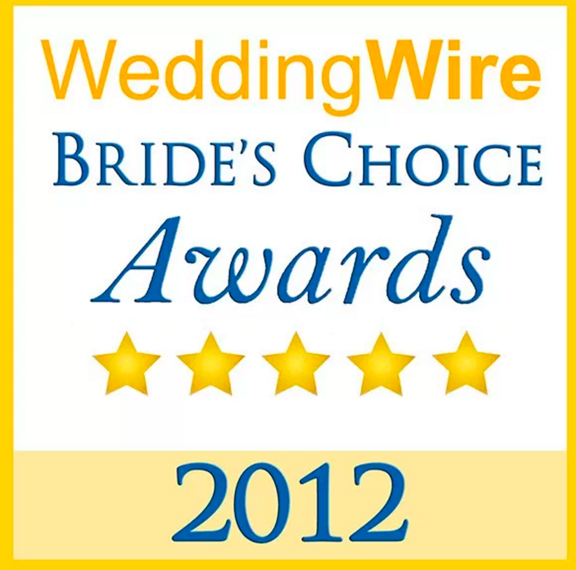 WeddingWire Bride's Choice Awards 2012 emblem displaying five gold stars on white background.