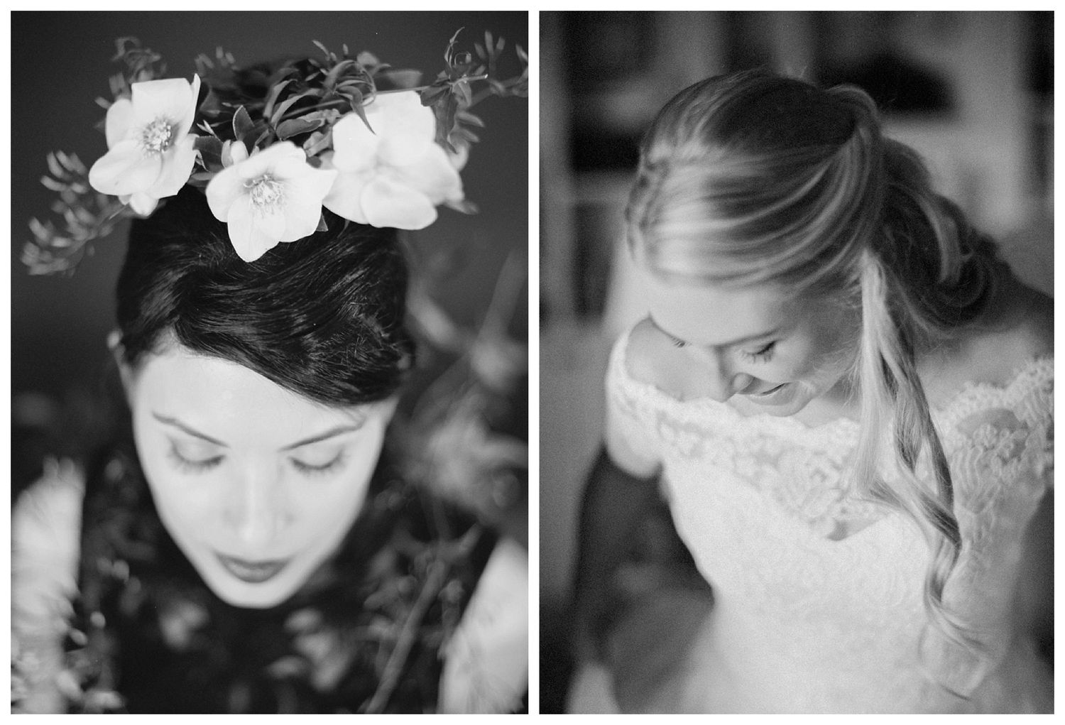 Black and white bridal photos featuring a woman with floral crown and a bride in lace dress with braided hair.