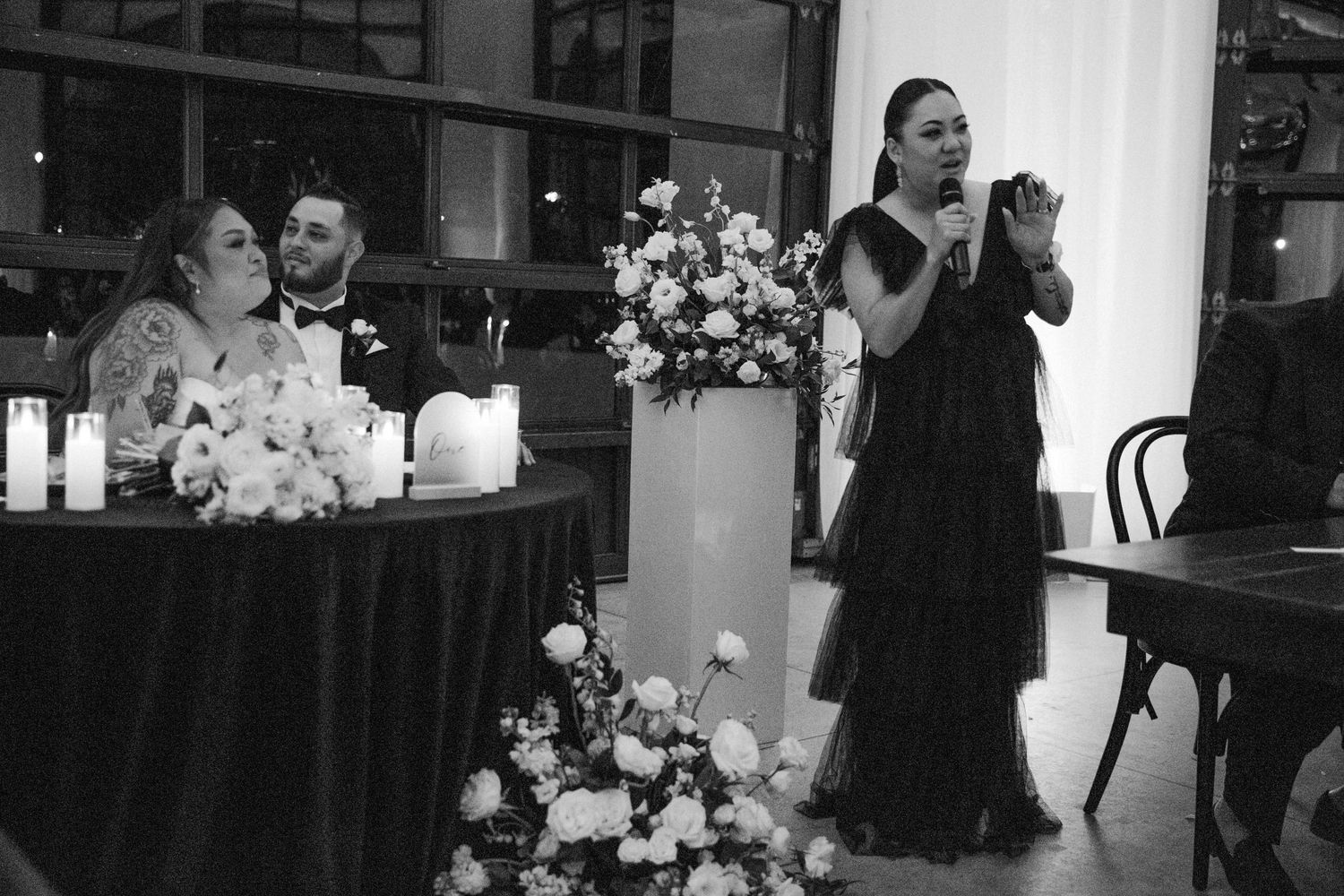 A black and white collage of wedding reception moments showing dancing, decorations, and celebration.