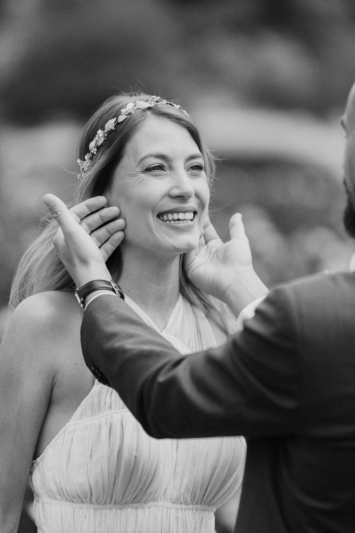 A black and white photo series showing candid emotional reactions during a wedding ceremony.