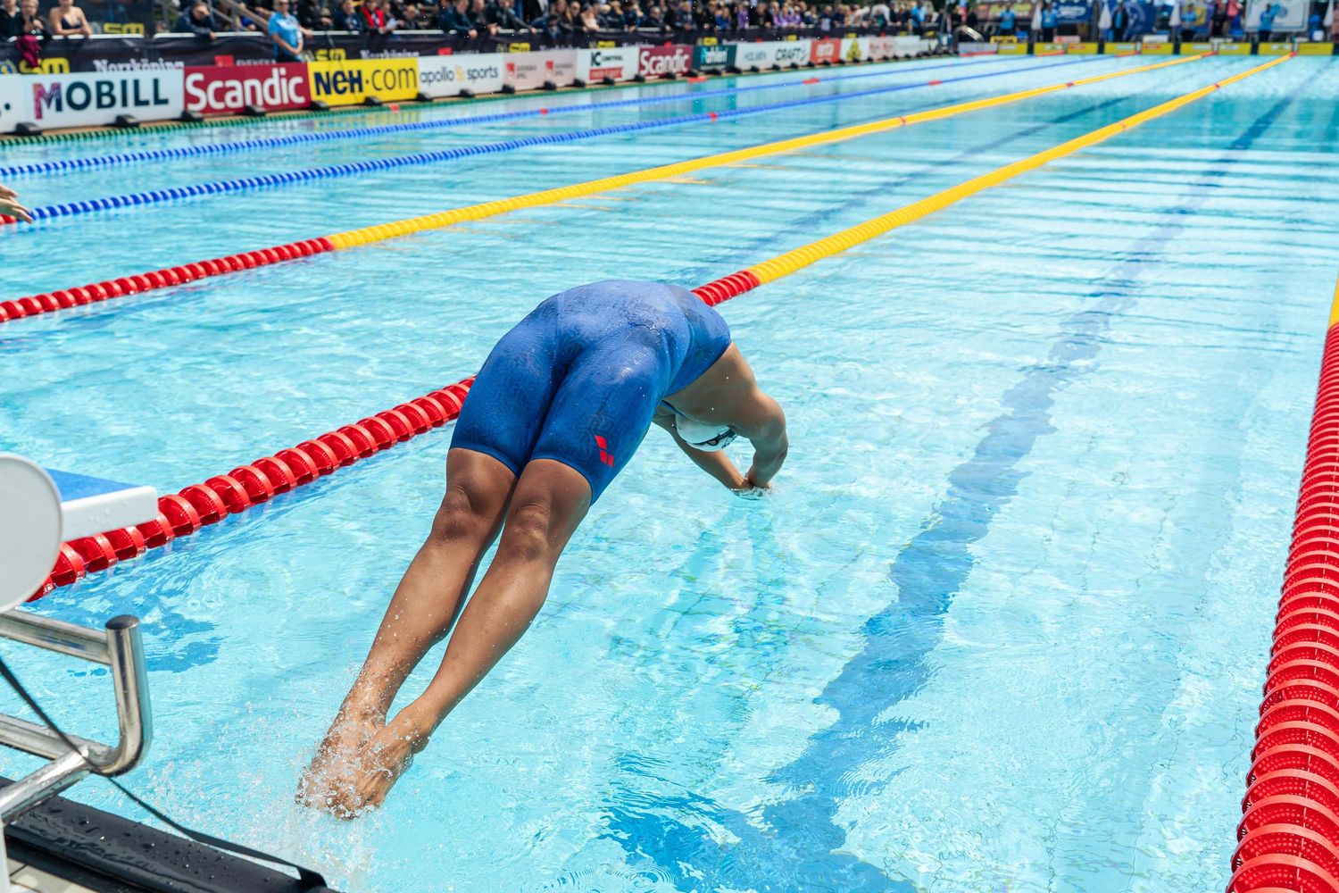 Competitive swimmer diving into pool lane during swimming race at indoor competition.