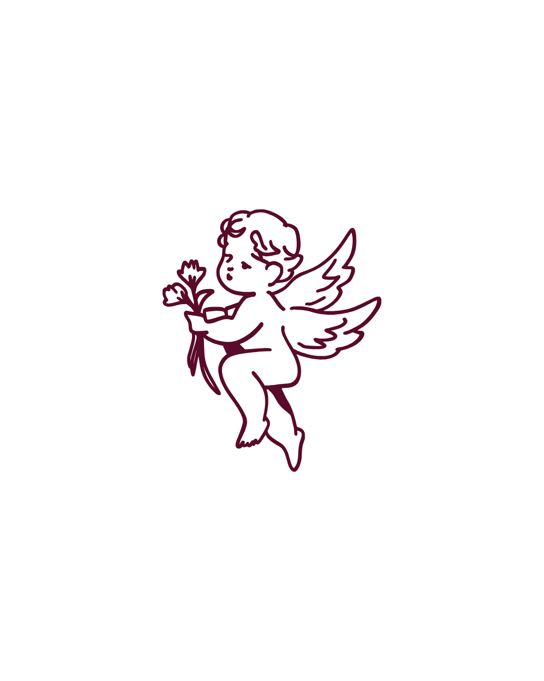 Simple line drawing of a cherub holding flowers while floating, depicted in a burgundy red color.