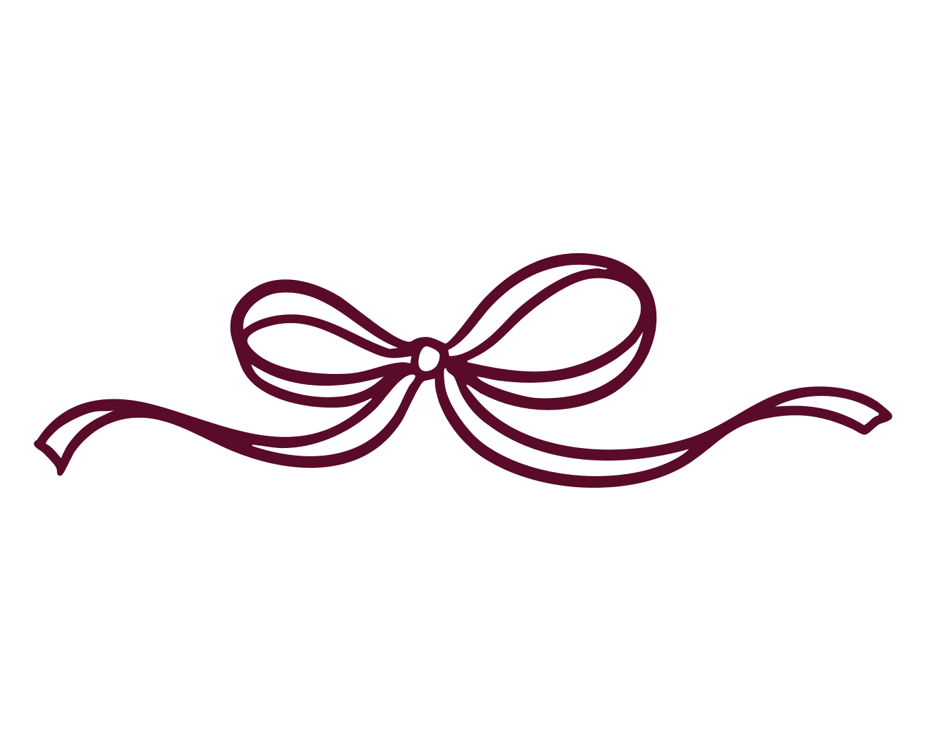 Decorative maroon bow ribbon design elements with swirls and curls on white background.