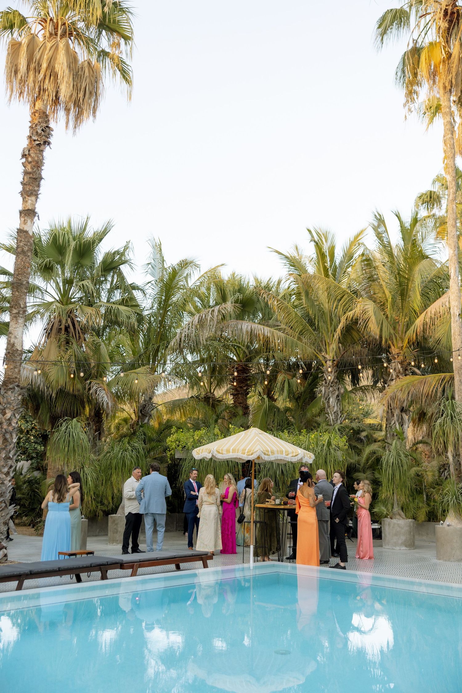Guests mingle poolside at an outdoor wedding reception surrounded by lush palm trees and string lights at dusk.