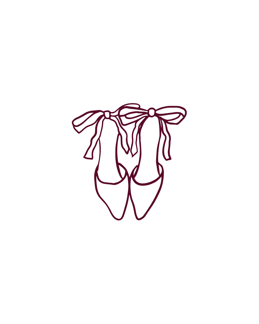Simple line drawing of ballet flats with ribbon ankle ties in a minimalist burgundy style.