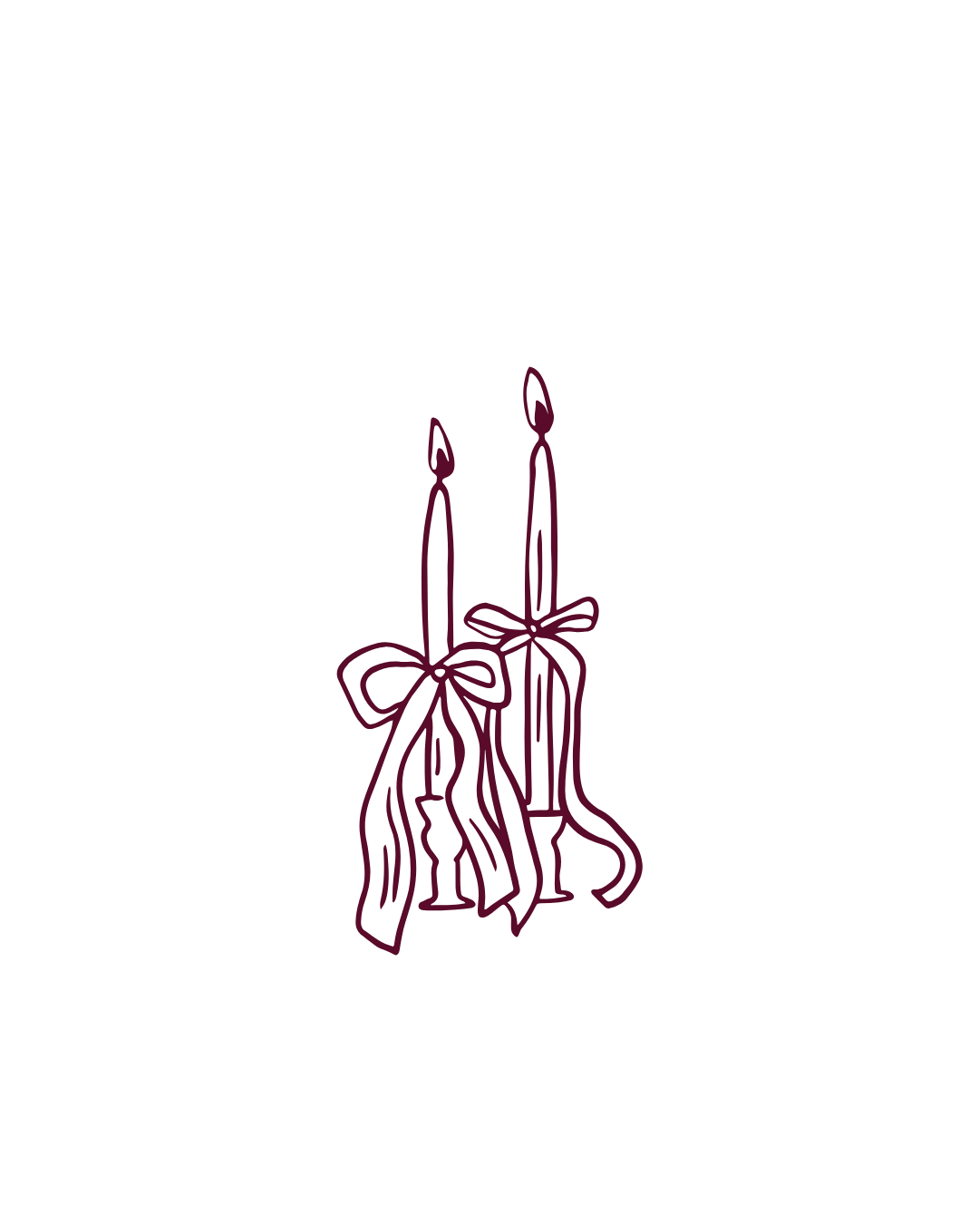 Simple line drawings of candles with bows and flames in a burgundy color on a white background.