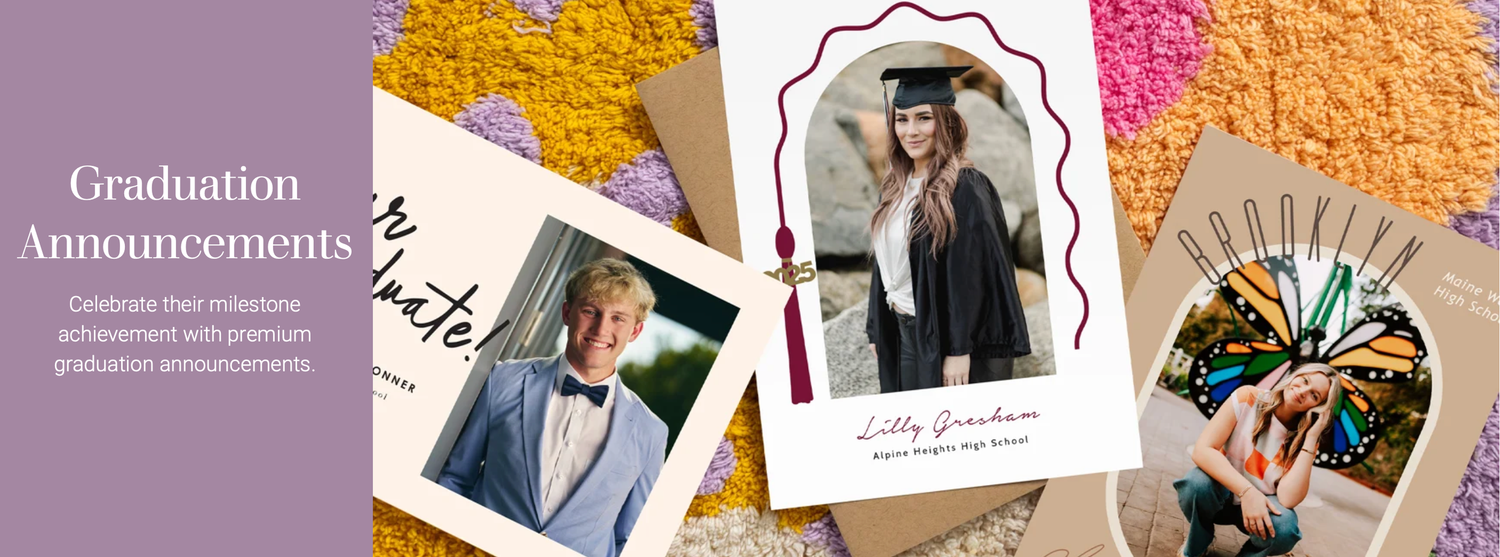 A collage of graduation announcement templates featuring gold details, script fonts, and multiple photo layouts.