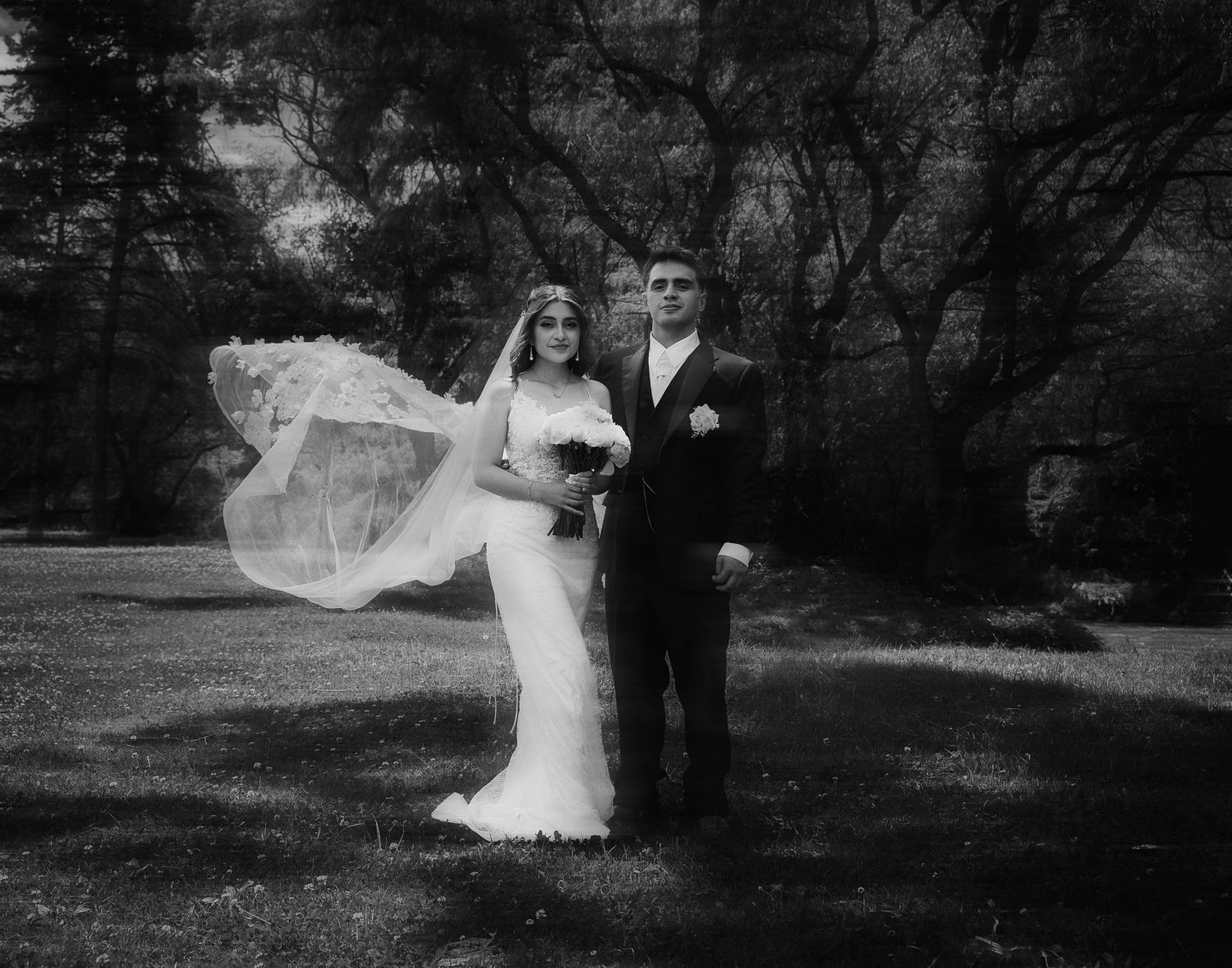 A black and white wedding photo sequence shows a bride's veil flowing gracefully in the wind outdoors.