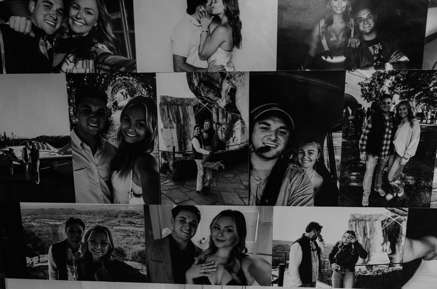Black and white photo collage of smiling couples and friends posing together at outdoor and indoor locations.