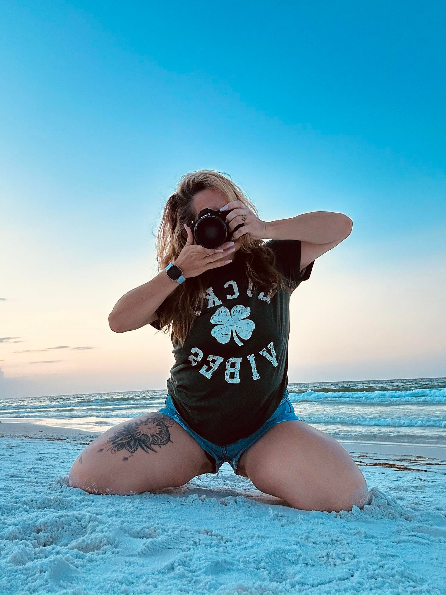 A series of artistic beach photos showing someone posing on white sand with ocean waves and blue sky in the background.