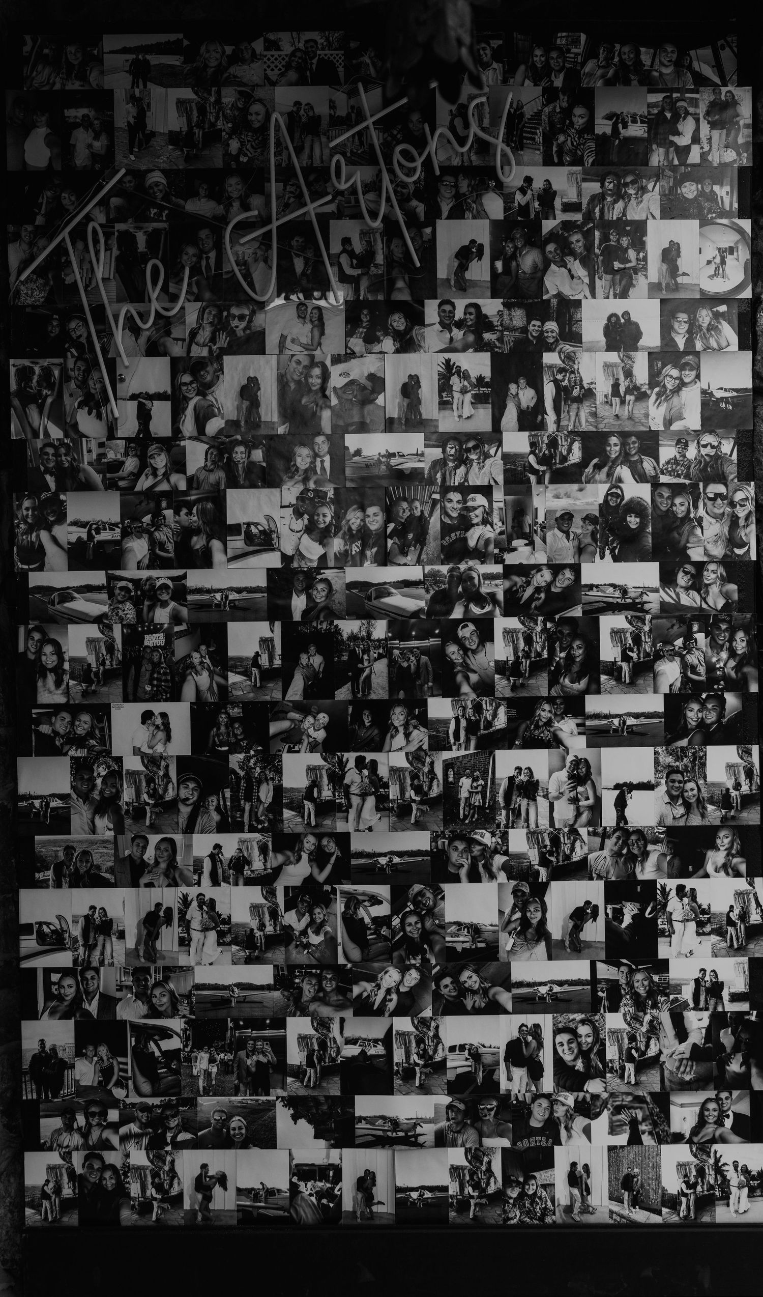 Black and white photo collage of many candid group and portrait shots with handwritten script lettering reading The Aetons at the top.