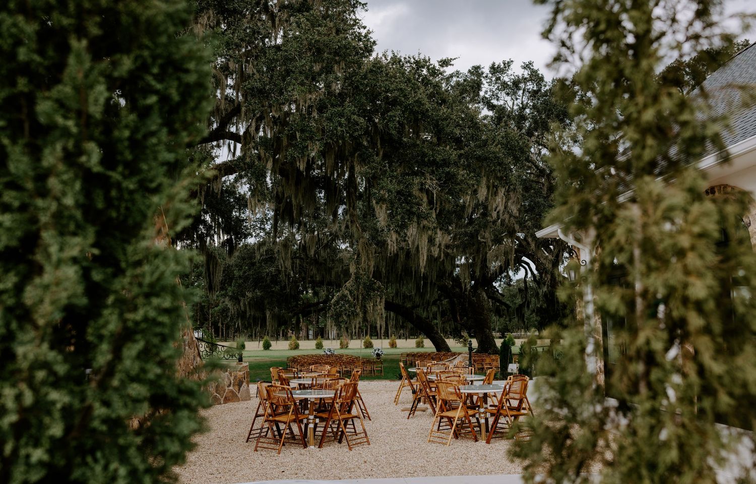 Outdoor dining area with wooden bistro chairs and tables on a gravel patio beneath large oak trees draped in Spanish moss.