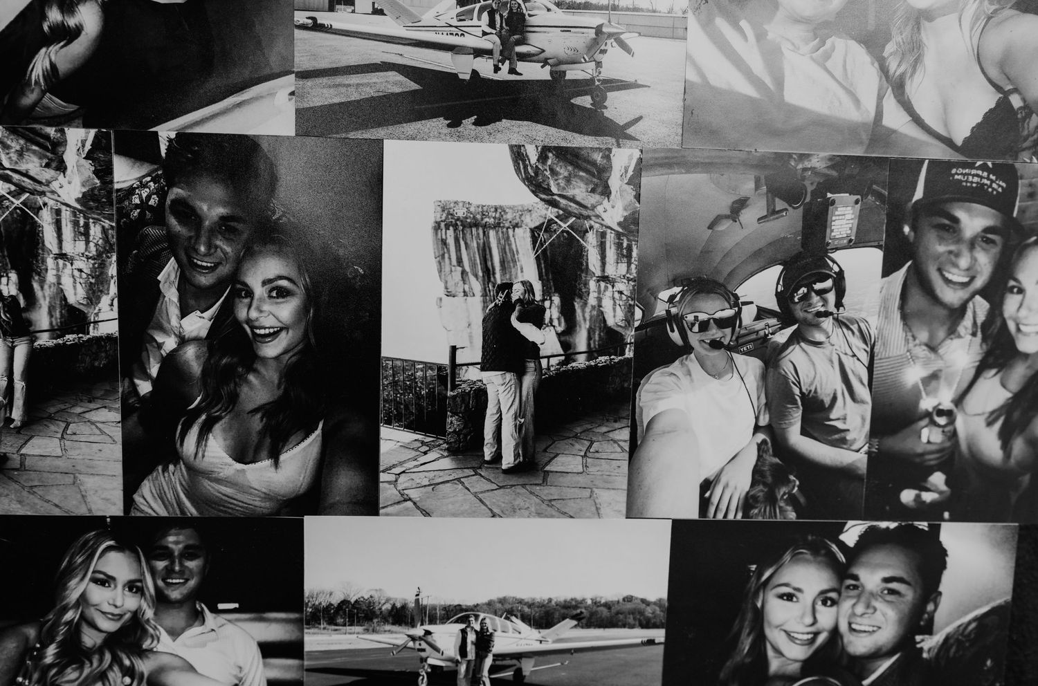 Black and white photo collage of smiling friends and couples posing together, with small airplanes on a runway and a patio scene.