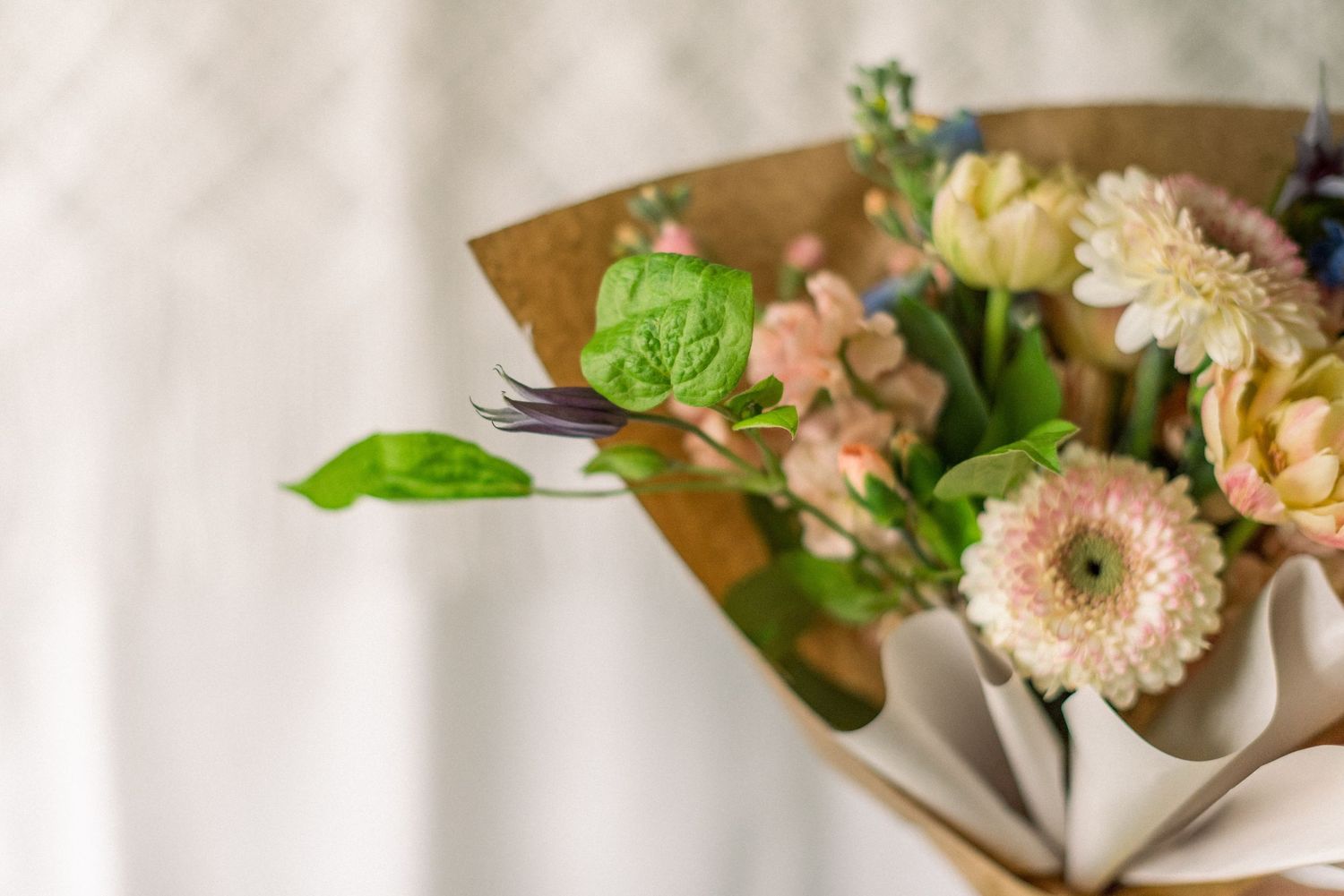 A bouquet of pink and white gerbera daisies with green foliage wrapped in brown paper on a light background.