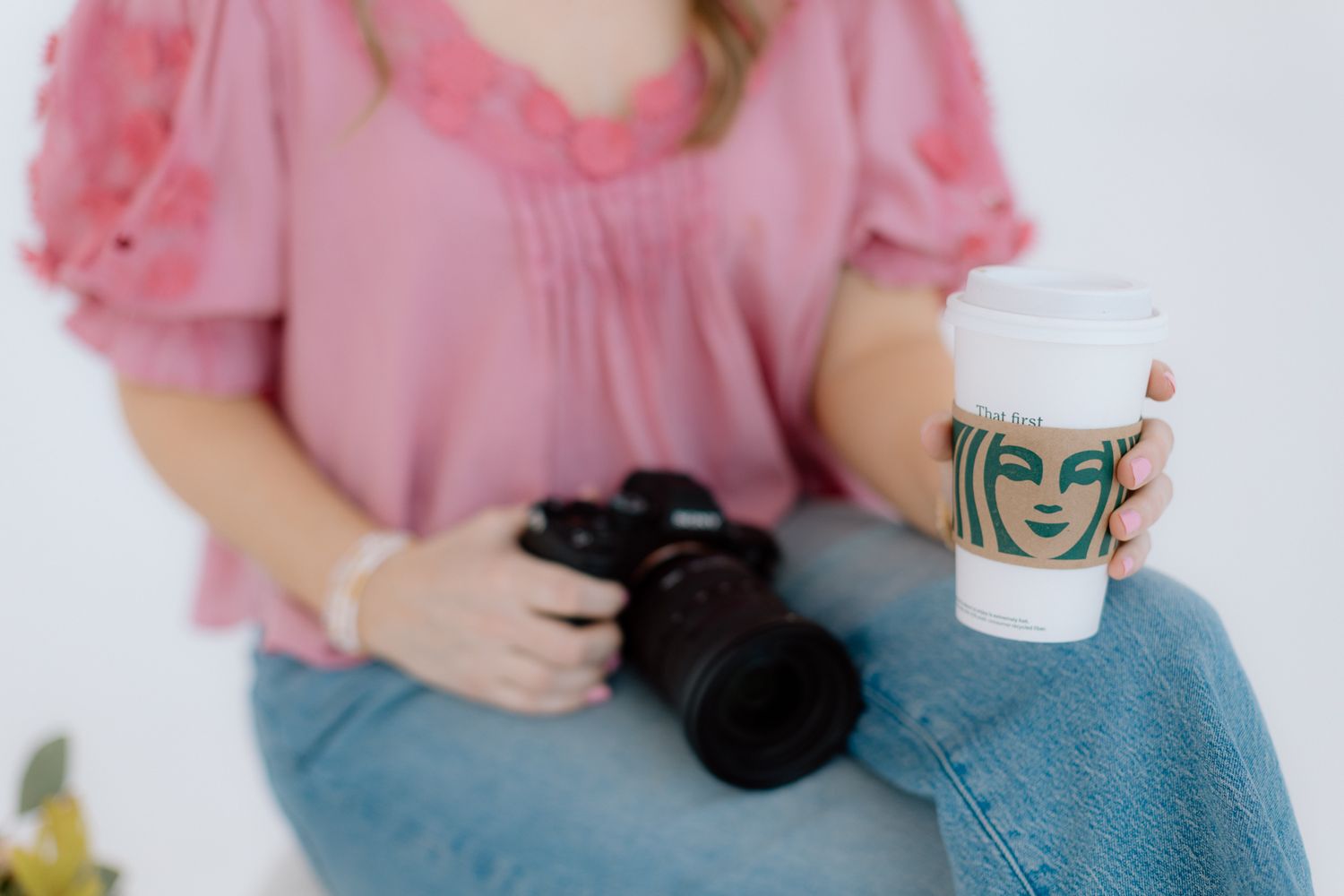 Pink blouse and denim casual style photo with coffee cup Chattanooga Branding