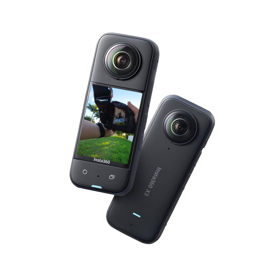 Two GoPro Max 360 action cameras shown from different angles with black casings and digital displays.